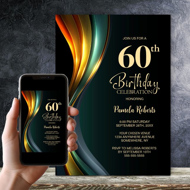 Convite Modern Black and Gold 60th Birthday Party (Criador carregado)