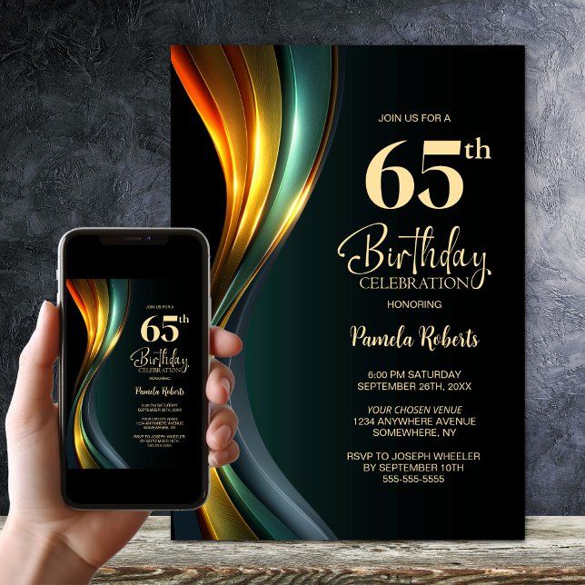 Convite Modern Black and Gold 65th Birthday Party (Criador carregado)
