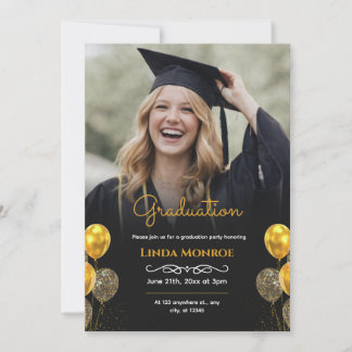 Convite Modern Black and Gold Photo Graduation Party