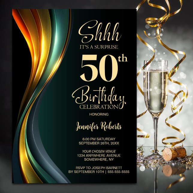 Convite Modern Black and Gold Surprise 50th Birthday Party (Criador carregado)