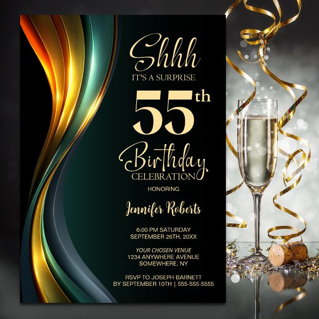 Convite Modern Black and Gold Surprise 55th Birthday Party (Criador carregado)