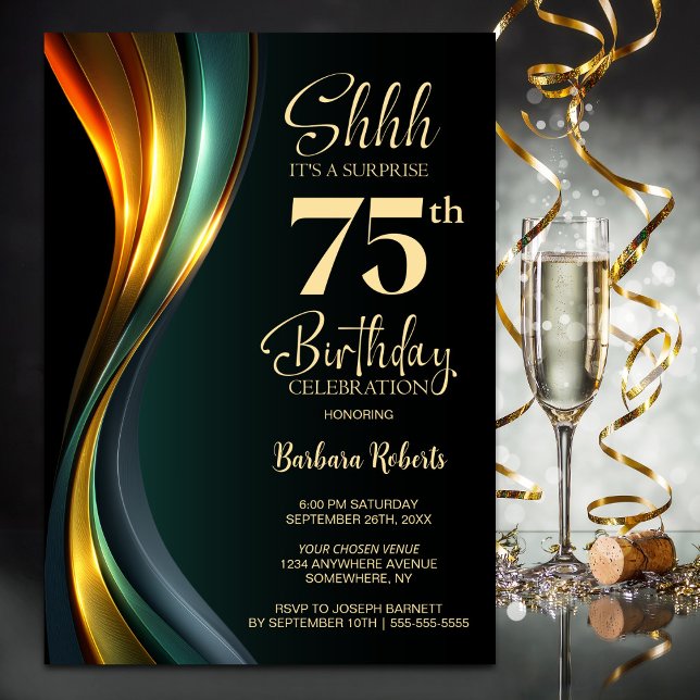 Convite Modern Black and Gold Surprise 75th Birthday Party (Criador carregado)