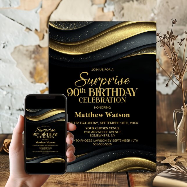 Convite Modern Black and Gold Surprise 90th Birthday Party (Criador carregado)
