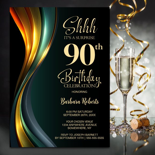 Convite Modern Black and Gold Surprise 90th Birthday Party (Criador carregado)