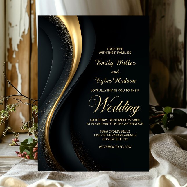 Convite Modern Black and Gold Wedding (Criador carregado)