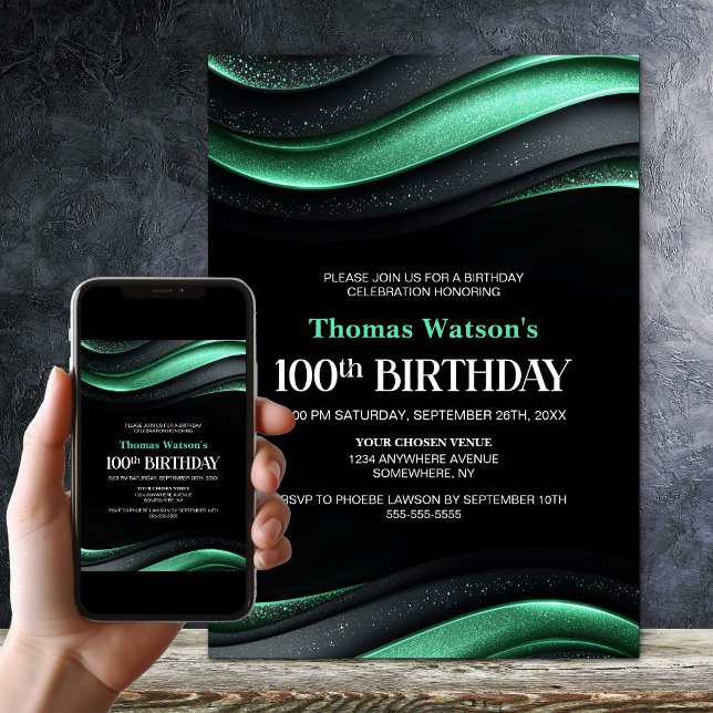 Convite Modern Black and Green 100th Birthday Party (Criador carregado)