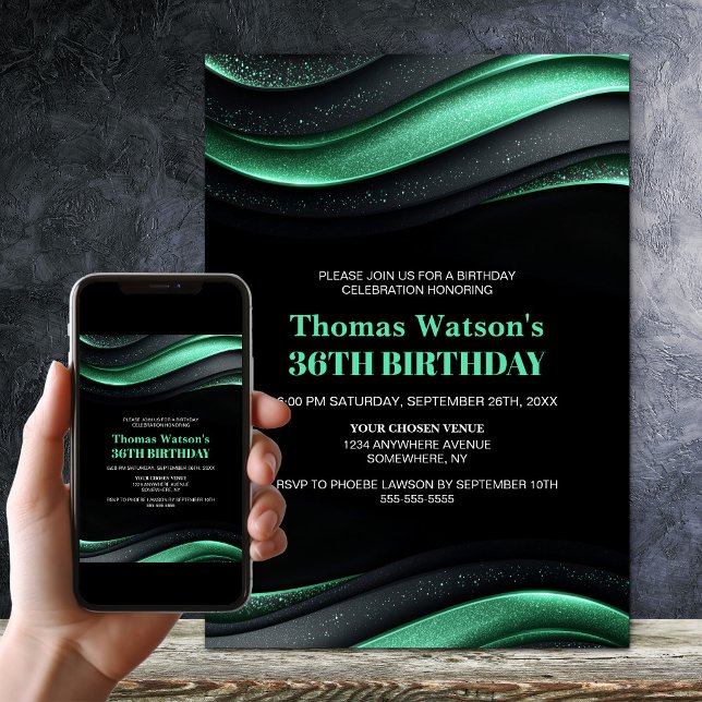 Convite Modern Black and Green Any Age Birthday Party (Criador carregado)
