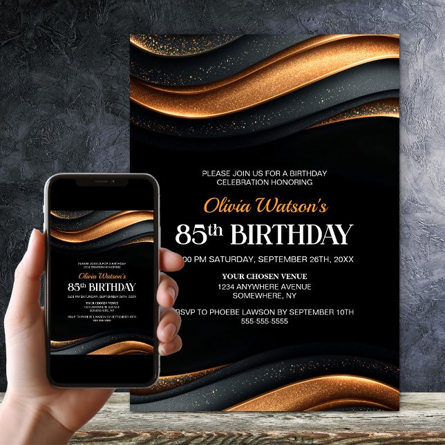Convite Modern Black and Orange 85th Birthday Party (Criador carregado)