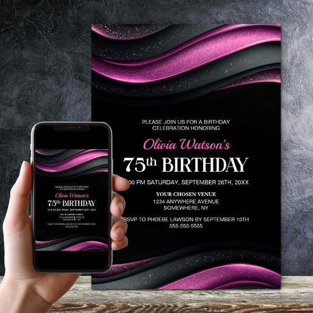 Convite Modern Black and Pink 75th Birthday Party (Criador carregado)