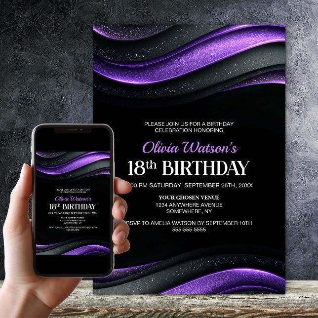 Convite Modern Black and Purple 18th Birthday Party (Criador carregado)
