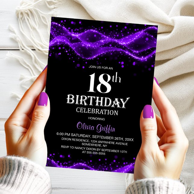 Convite Modern Black and Purple 18th Birthday Party (Criador carregado)