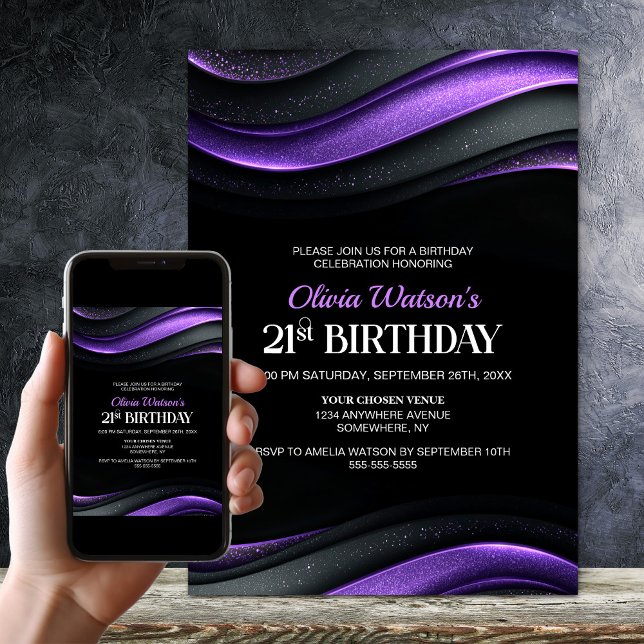 Convite Modern Black and Purple 21st Birthday Party (Criador carregado)