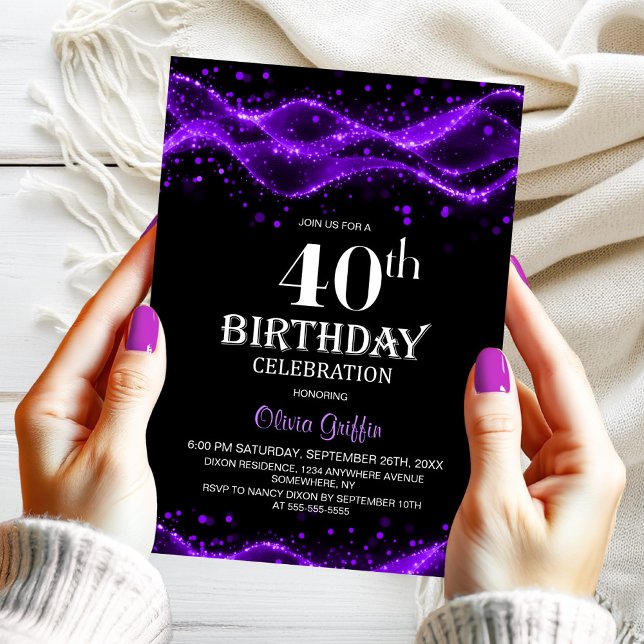 Convite Modern Black and Purple 40th Birthday Party (Criador carregado)