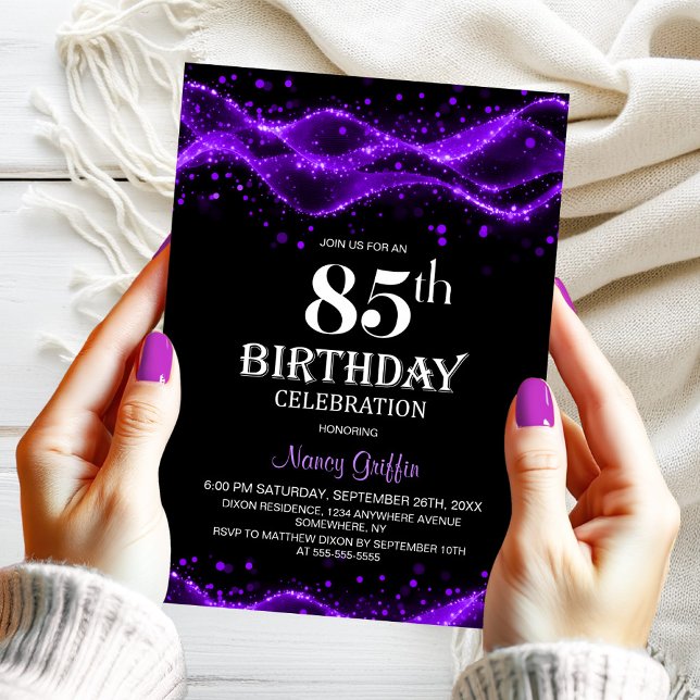 Convite Modern Black and Purple 85th Birthday Party (Criador carregado)