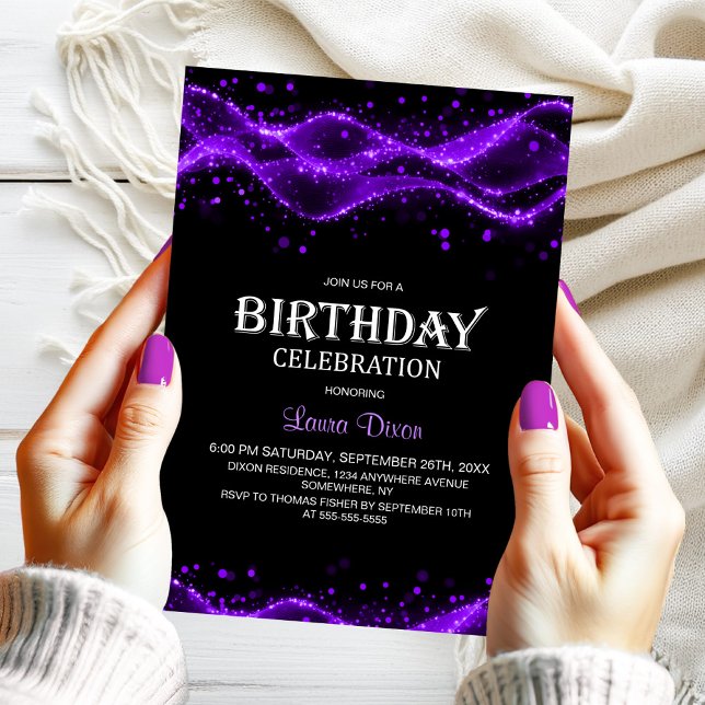 Convite Modern Black and Purple Any Age Birthday Party (Criador carregado)