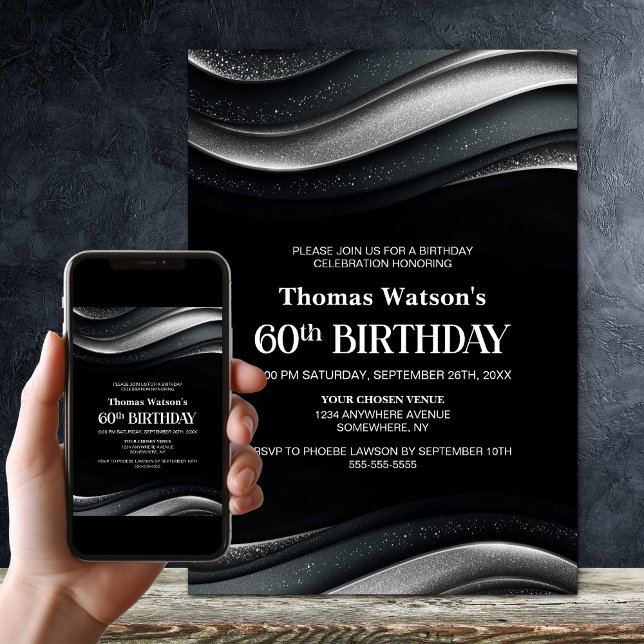 Convite Modern Black and Silver 60th Birthday Party (Criador carregado)
