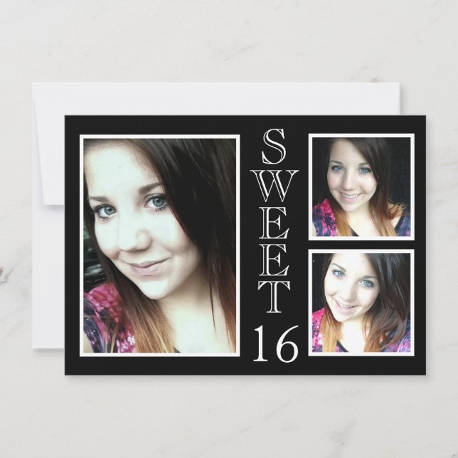 Convite Modern Black and White 3 Photo Sweet 16 (Frente)