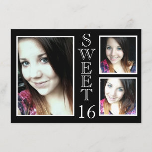 Convite Modern Black and White 3 Photo Sweet 16