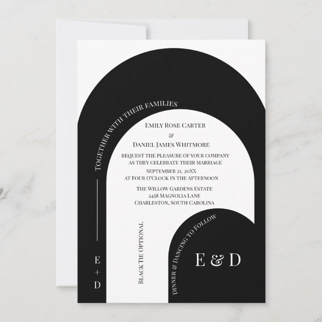 Convite Modern Black and White Arched Wedding (Frente)