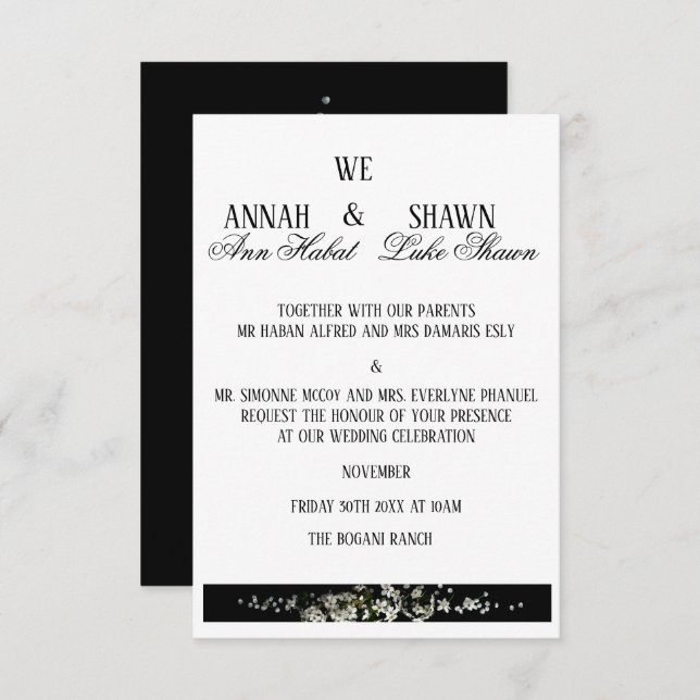 Convite Modern Black and White Floral Wedding Invitation (Frente/Verso)