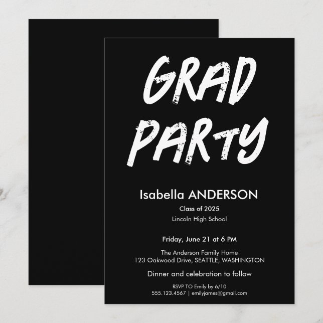 Convite Modern Black and White Graduation Party (Frente/Verso)