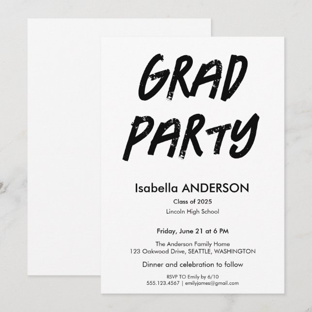 Convite Modern Black and White Graduation Party (Frente/Verso)