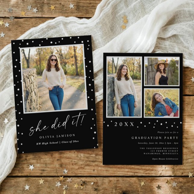 Convite Modern Black and White Photo Graduation (Modern graduation invitation with photos, handwriting script and minimalist stars)