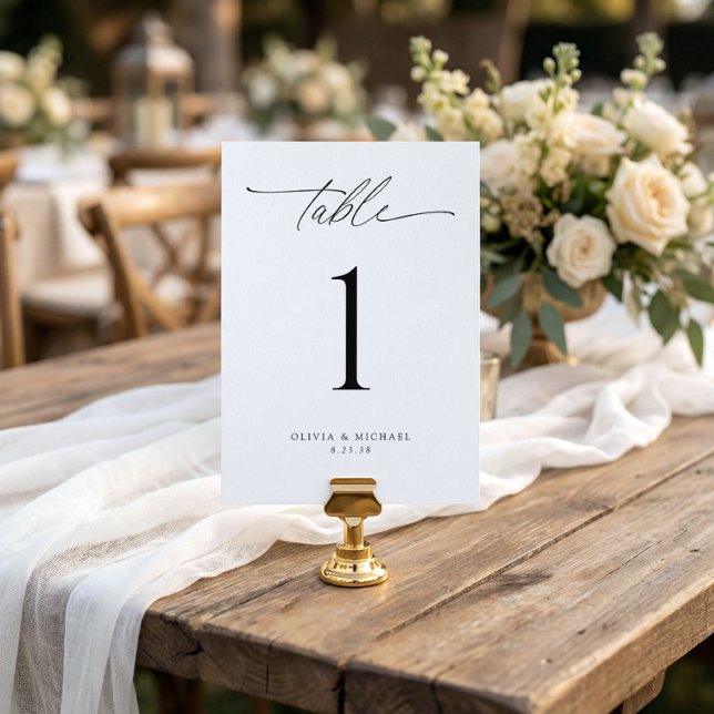 Convite Modern Black and White Wedding Table Number Cards (modern wedding table number 5x7 minimalist elegant handwriting script reception table decor)