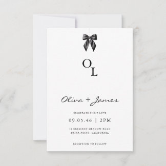 Convite Modern Black Bow Monogram Wedding Invitation