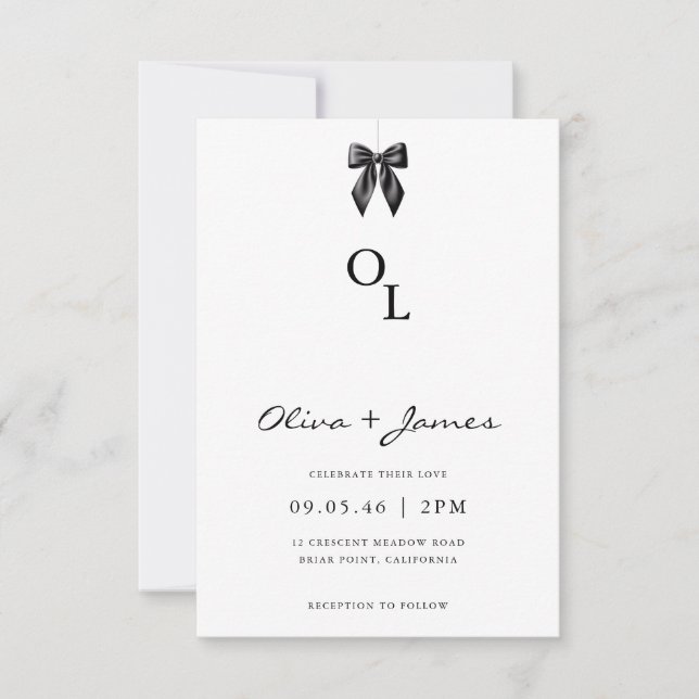 Convite Modern Black Bow Monogram Wedding Invitation (Frente)