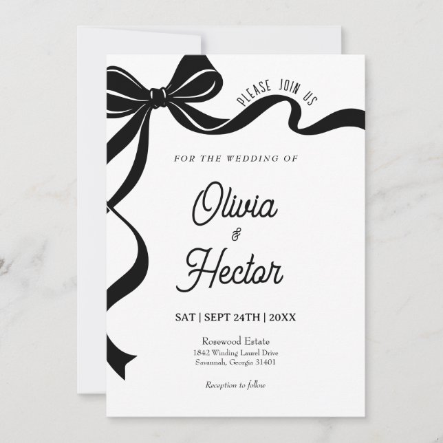 Convite Modern Black Bow Wedding Invitation  (Frente)