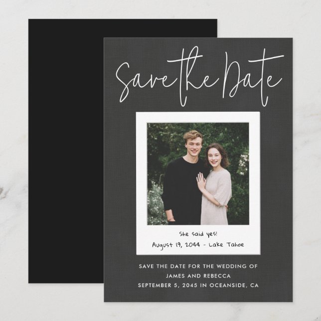 Convite Modern Black Custom Engagement Photo Save the Date (Frente/Verso)