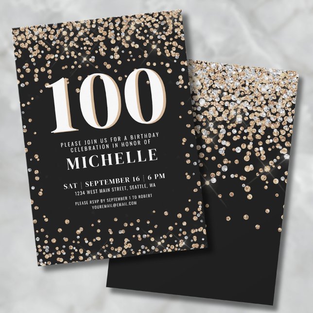 Convite Modern Black Dourado 100º aniversário (Black Gold 100th Birthday Invitation)