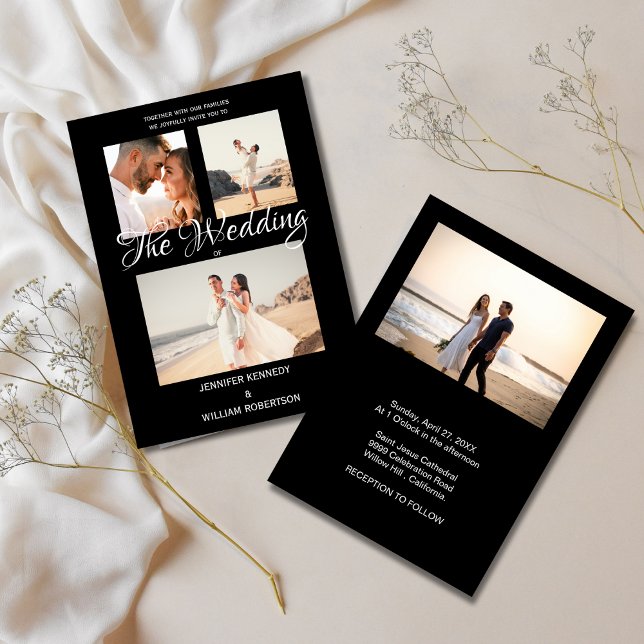 Convite Modern Black Elegant Script Photo Classic Wedding  (Criador carregado)