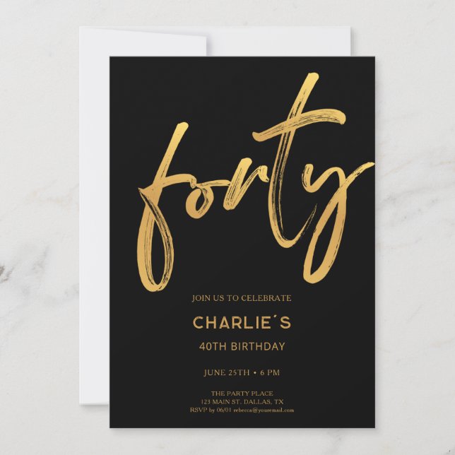 Convite Modern Black & Gold 40th Birthday Invitation (Frente)