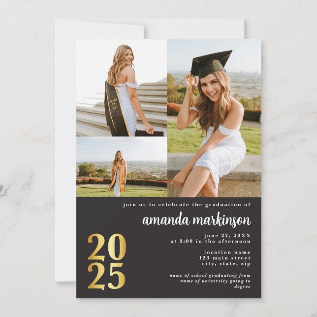 Convite Modern Black Gold 4 Photo Graduation Announcement (Verso)