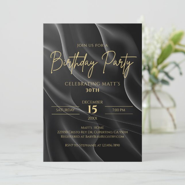 Convite Modern black & Gold Birthday Invitation (Em pé/Frente)
