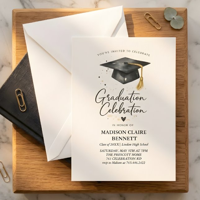 Convite Modern Black & Gold Calligraphy Graduation Party  (Criador carregado)
