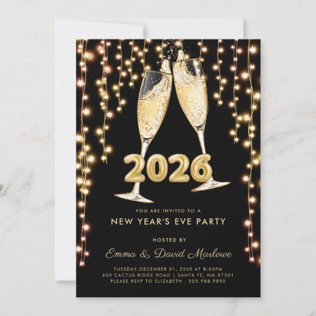 Convite Modern Black Gold Champagne 2026 New Years Eve (Frente)