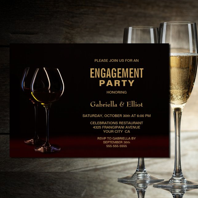 Convite Modern Black Gold Engagement Party Wine Glass (Criador carregado)