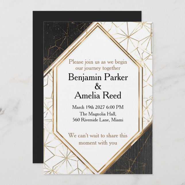 Convite Modern Black Gold Geometric Wedding Invitation (Frente/Verso)