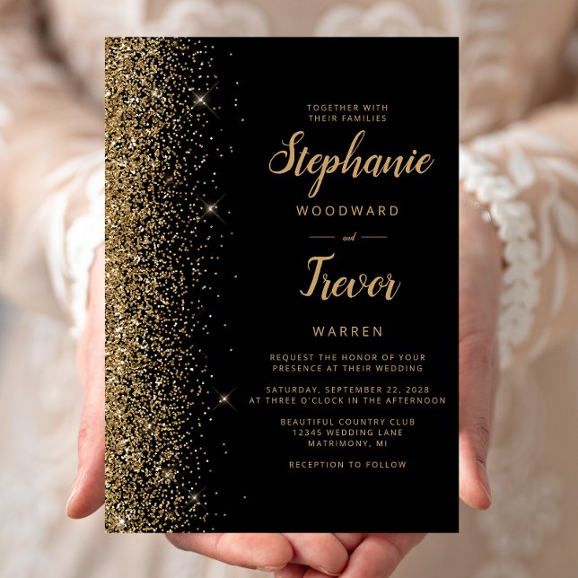 Convite Modern Black Gold Glitter Brush Script Wedding (Criador carregado)