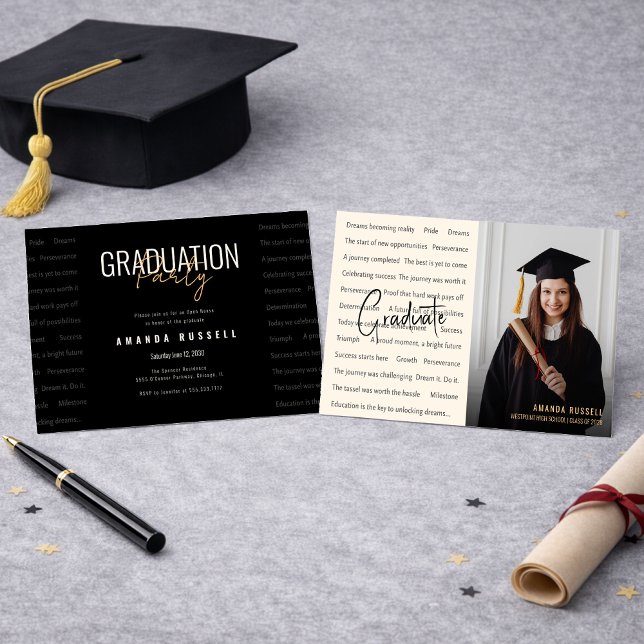Convite Modern Black & Gold Photo Graduation Party  (Criador carregado)