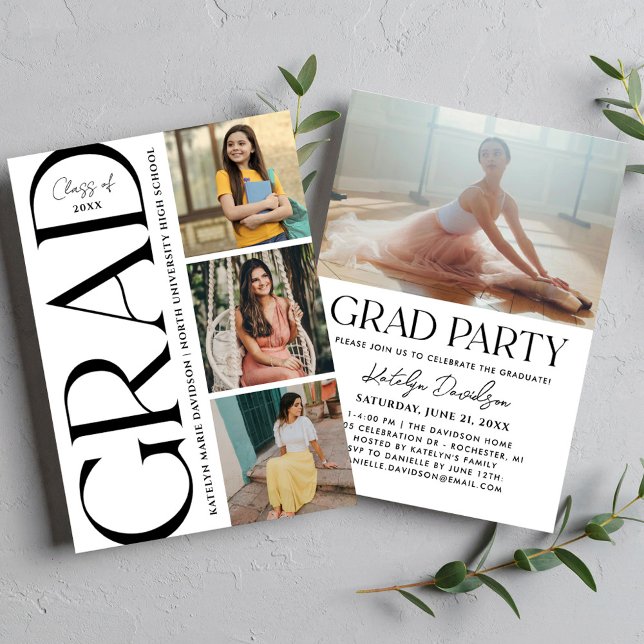 Convite Modern Black Grad Multi Photo Graduation Party (Criador carregado)