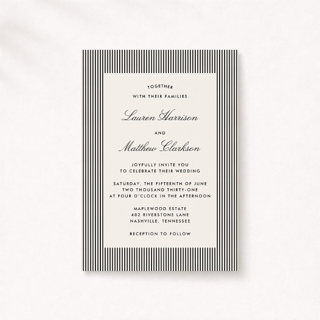 Convite Modern Black & Ivory Striped Wedding Invitation (Criador carregado)