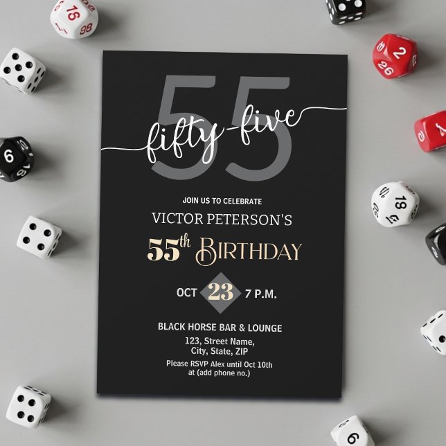 Convite Modern Black Minimalist Men 55th Birthday Party (Criador carregado)
