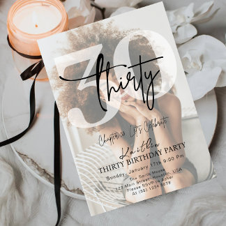 Convite Modern Black Minimalist Thirty 30th Birthday Party