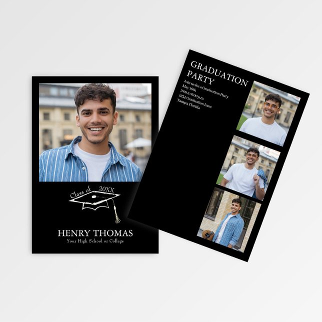 Convite Modern Black Photo Graduation Party Announcement (Modern black graduation photo card with cap graphic and clean minimalist layout)