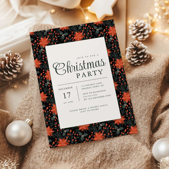 Convite Modern Black Poinsettia Christmas Party Invitation (Poinsettia Season Christmas Party invite black)