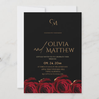 Convite Modern Black Red Gold Rose Wedding